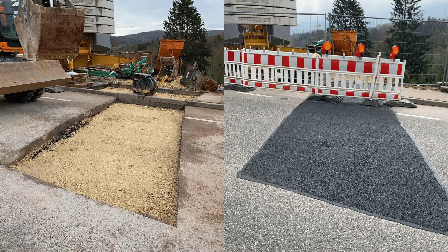 Vorher-Nachher Bild der Aufgrabung einer Straße.