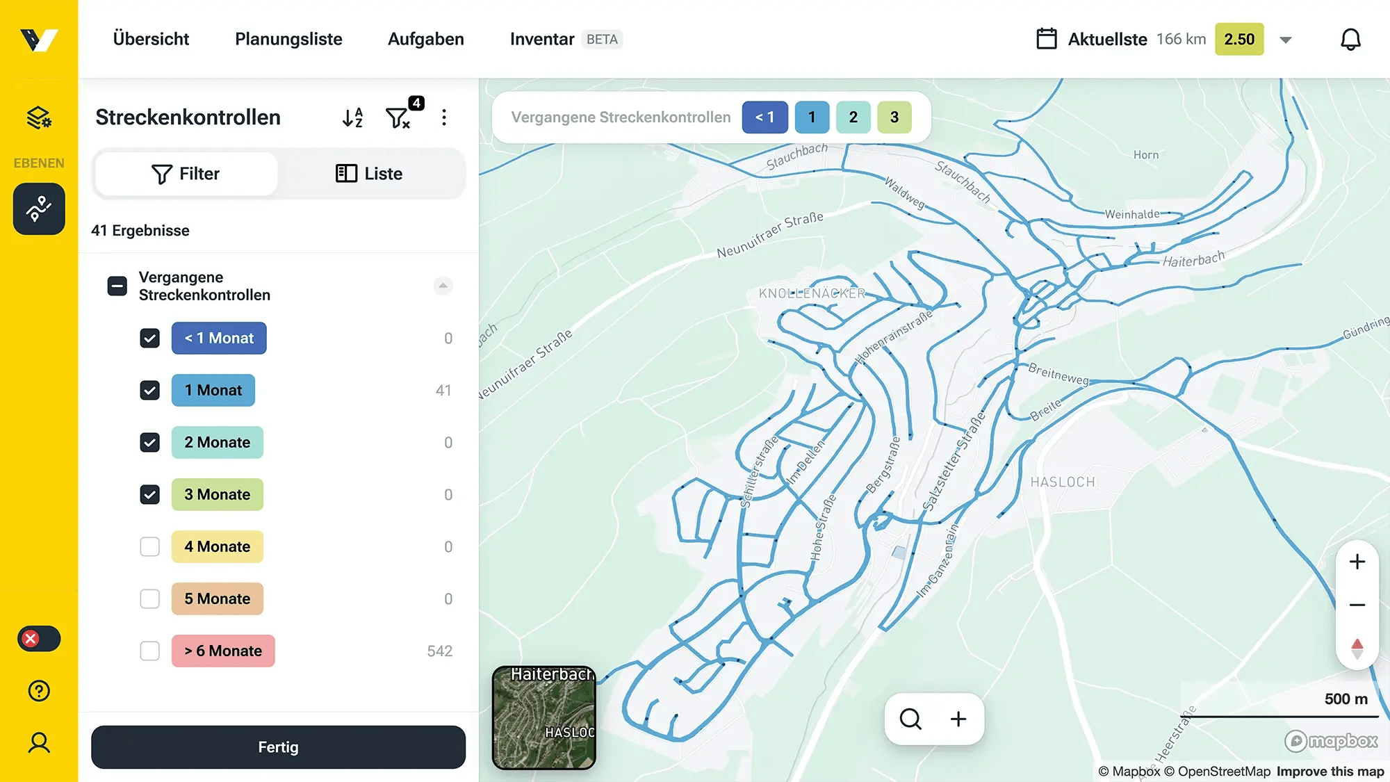 Screenshot des vialytics Web-Systems zeigt eine Streckenkontrolle in der Kartenansicht