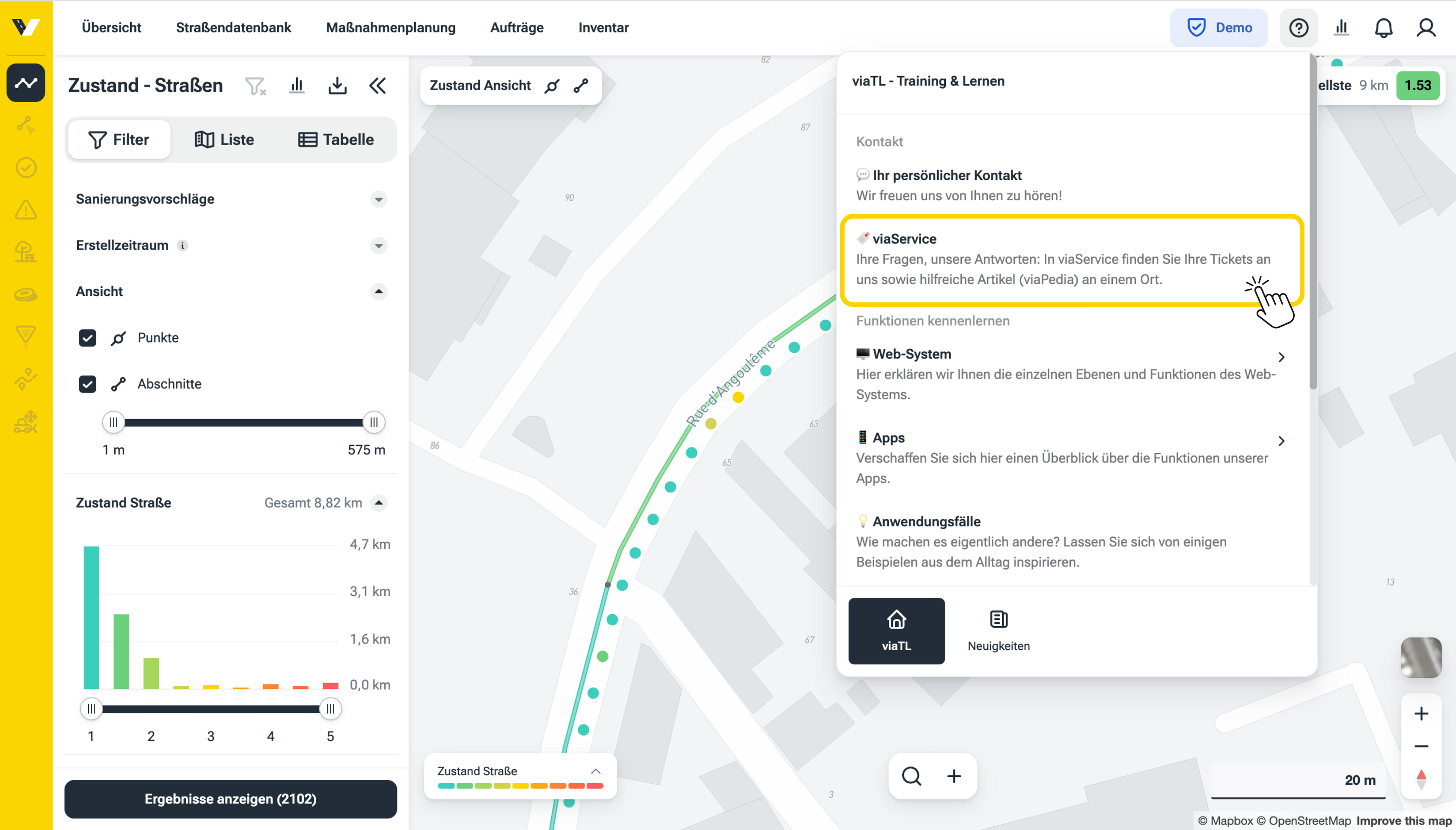Hilfe-Menü im vialytics Websystem mit hervorgehobenem viaService-Eintrag für den direkten Zugang zum Serviceportal