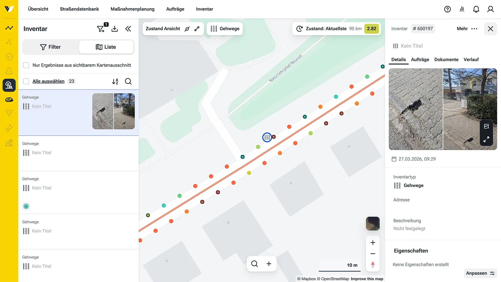 vialytics Web-System Screenshot zeigt einen aufgenommenen Schaden an einem Gehweg in der Kartenansicht
